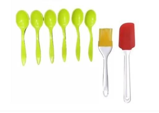 Plastic Spoon Set (Pack of 6) with Silicone Spatula & Oil Brush | Lightweight, Durable & Multi-Purpose Kitchen Set (Random Color)